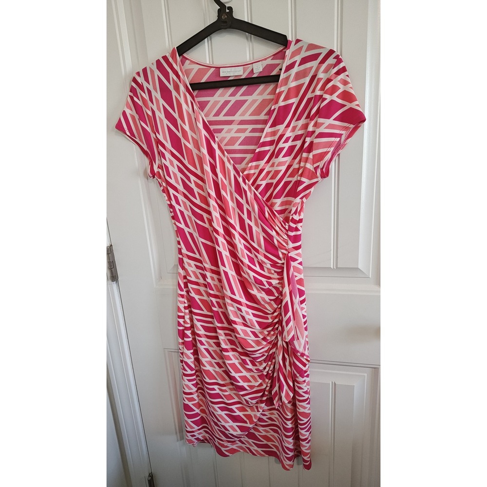 women New York & Company Pink Geometric Faux Wrap Ruched Sheath Dress Small